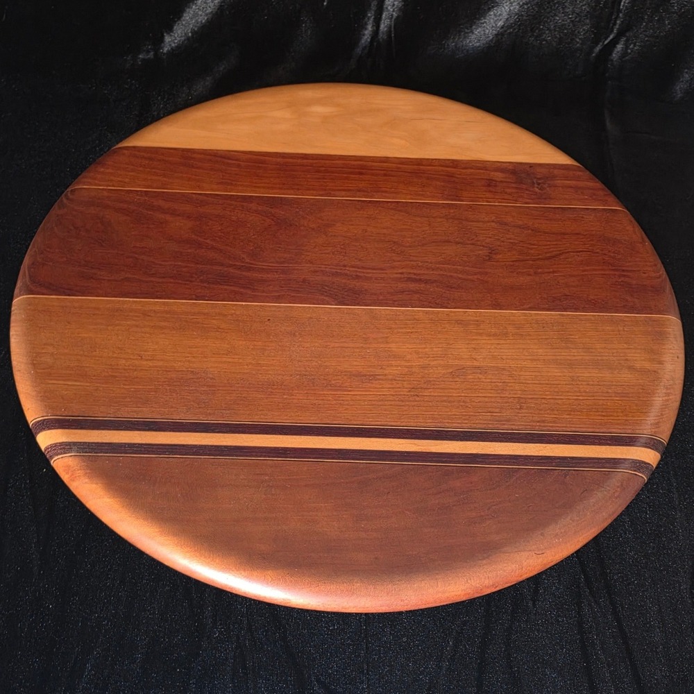 VTG Handmade Multi Wood Striped Round Lazy Susan Rotating Serving Tray 14 Inch